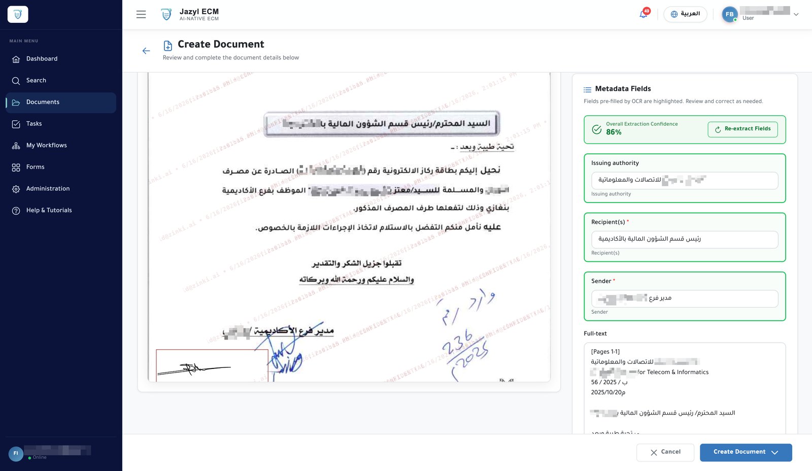 Jazyl ECM document page with auto-extracted metadata fields and a confidence score
