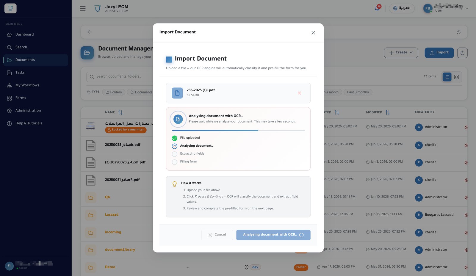 Jazyl ECM import dialog analysing a document with OCR to auto-classify and pre-fill fields