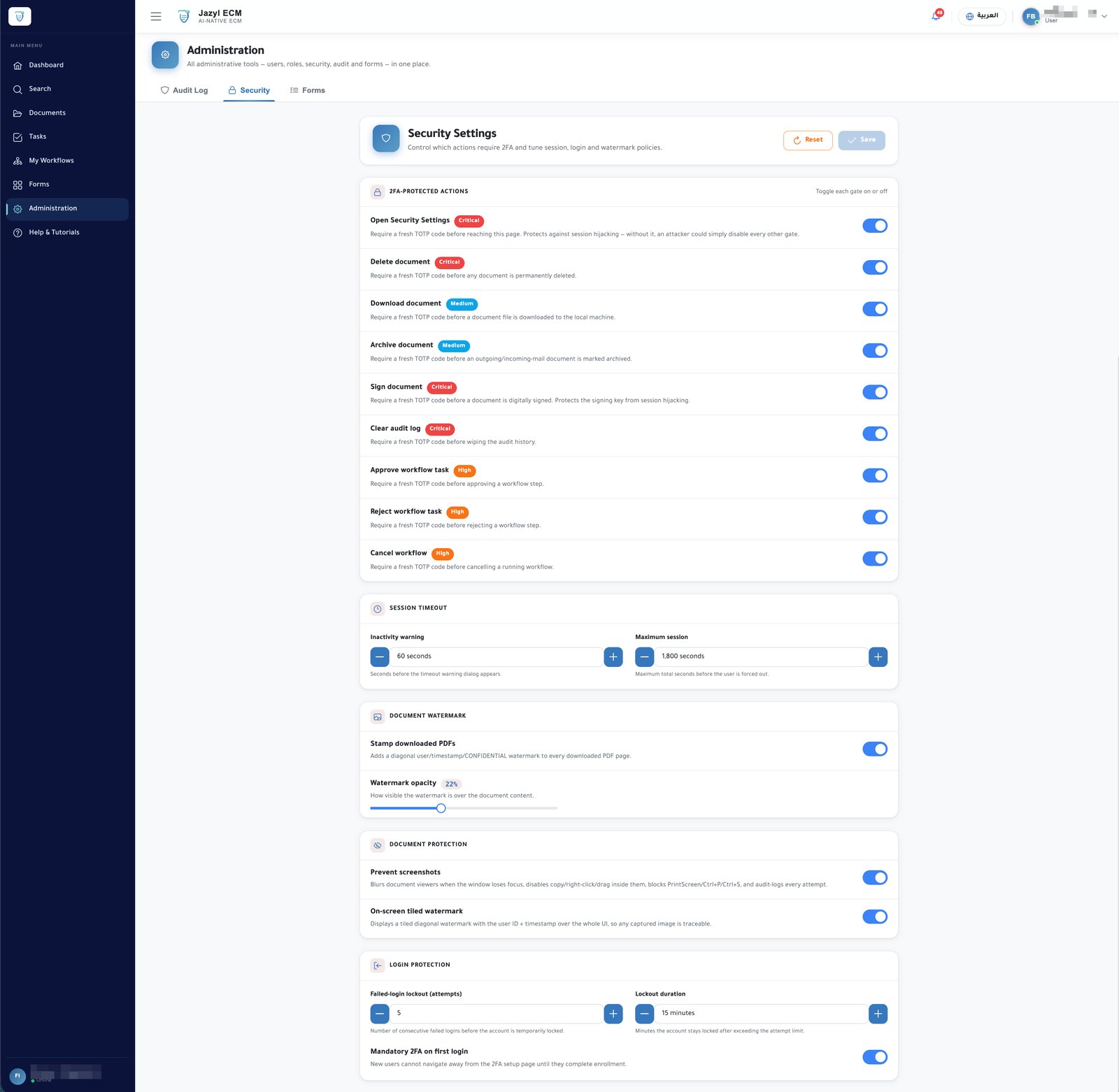 Jazyl ECM security settings — per-action 2FA, watermarking, screenshot protection, and session limits