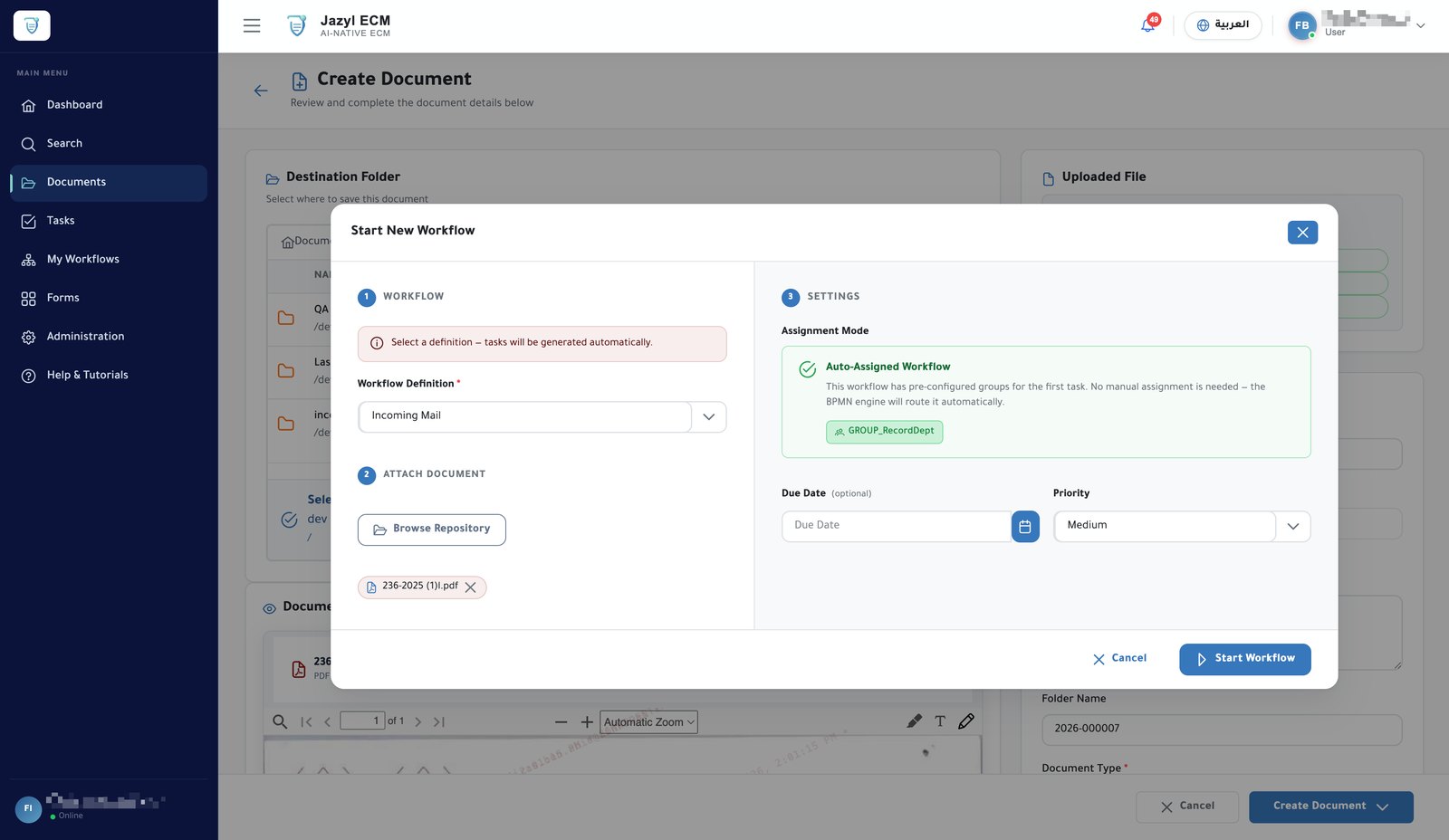 Jazyl ECM start-workflow dialog with an auto-assigned BPMN routing definition